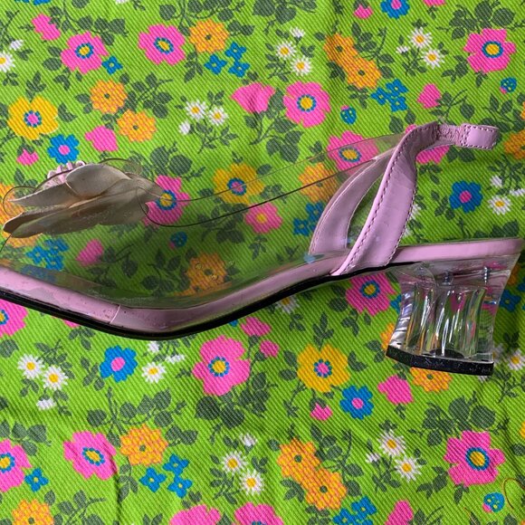 Vintage Pierre Dumas Pink Floral Clear Unique Chunky Heel Mule Sandal Size 7.5 - Picture 6 of 15